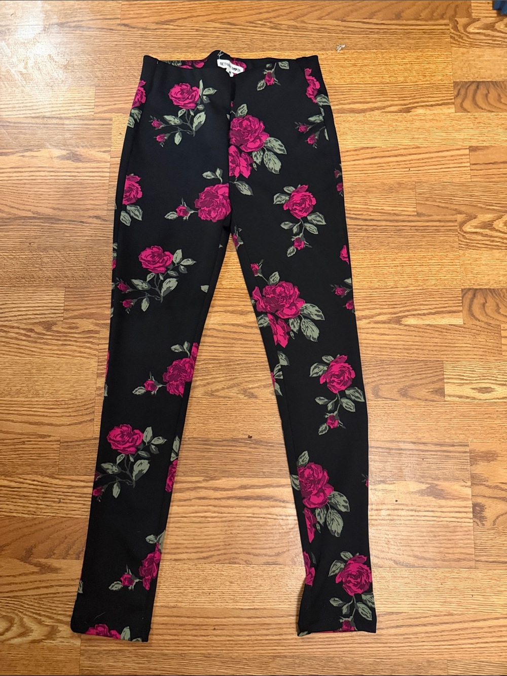 Bethany Mota Black Leggings with Fuchsia Rose Print